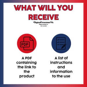 May include: A red circle with a white PDF icon inside and a blue circle with a white checklist and pencil icon inside. Text below the icons reads "WHAT WILL YOU RECEIVE" and "Digital Creations Mx Digital designs for any occasion". Text below the icons describes what is included in the purchase: "A PDF containing the link to the product" and "A list of instructions and information to the use".