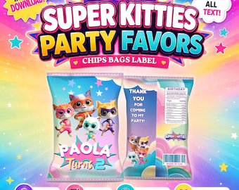 Bolsas de patatas fritas de cumpleaños de Super Kitties. Editable en CANVA.