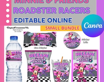 Minnie and friends Roadster Recers 6 Party Pack, water bottle, chip, rice krispies, juice labels, favor bags and Stickers... DIGITAL ONLY