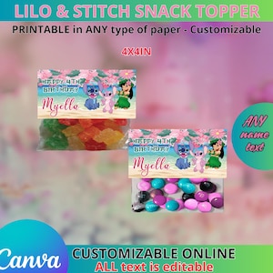 Puede incluir: Topper para aperitivos imprimible de 10,16 cm x 10,16 cm con los personajes de Lilo y Stitch. El topper tiene un esquema de color rosa, azul y verde con un diseño floral. El texto en el topper dice "Happy 4th Birthday Myella".