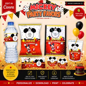 Peut inclure: Ensemble de cadeaux de fête sur le thème de Mickey Mouse avec des modèles modifiables. Comprend des étiquettes de bouteilles d'eau, des sacs à croustilles, des sacs cadeaux, des autocollants et un gâteau. Couleurs rouge, jaune et noir avec le texte "Mickey Party Favors".