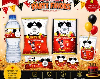 Mickey Mouse 6 Birthday favors, water bottle, chip, rice krispies, juice labels, bags and stickers. DIGITAL
