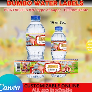 Puede incluir: Etiquetas para botellas de agua con el tema de Dumbo, con el texto "Jess is Turning 2". Las etiquetas son personalizables e imprimibles. La imagen también incluye el texto "Dumbo Water Labels" y "Customizable Online".