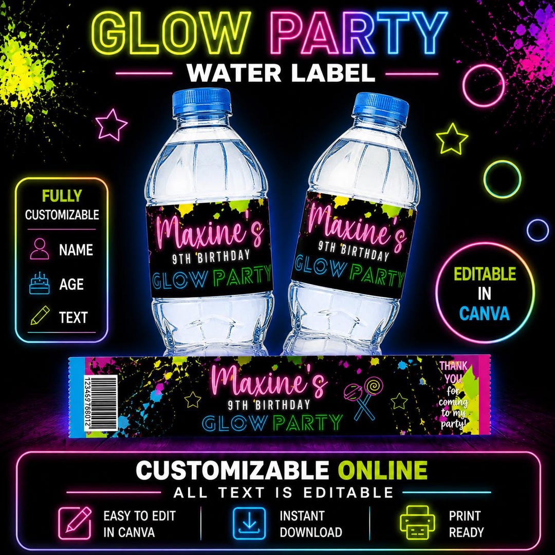 Glow Birthday Party Water Label. DIGITAL. Edit Yourself in CANVA. - Etsy