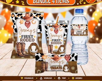 Ensemble de 4 décorations d'anniversaire de cow-boy, modèle de sac de chips, bouteille d'eau, sac de jus de fruits, Rice Krispies. Modifiez-vous vous-même dans CANVA.