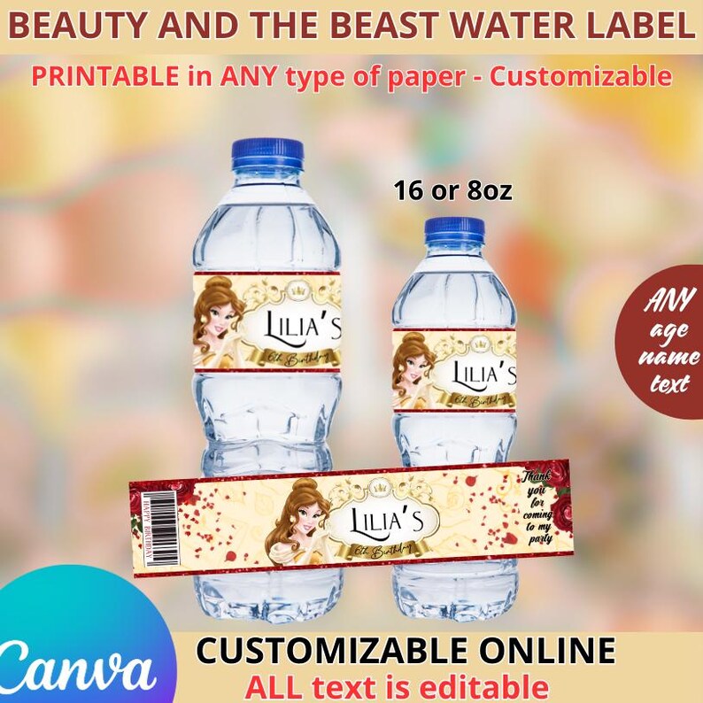 Beauty and the Beast - Water Labels Templete. Editable in CANVA - Etsy