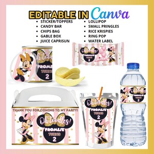 Puede incluir: Etiquetas de favor de fiesta imprimibles con una imagen de dibujos animados de Minnie Mouse con acentos rosados y dorados. Las etiquetas incluyen el texto "Oh Toodles! Promise Turns 2". Las etiquetas est&aacute;n dise&ntilde;adas para usarse en varios favores de fiesta, incluidas barras de caramelo, bolsas de papas fritas, cajas de gable, cajas de jugo, botellas de agua y peque&ntilde;os contenedores de Pringles.