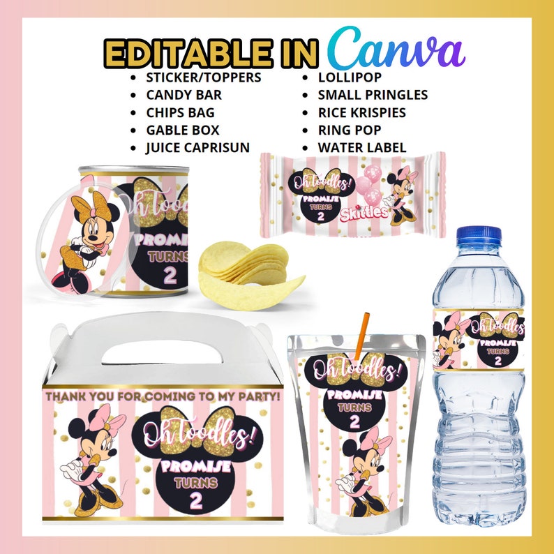 Puede incluir: Etiquetas de favor de fiesta imprimibles con una imagen de dibujos animados de Minnie Mouse con acentos rosados y dorados. Las etiquetas incluyen el texto "Oh Toodles! Promise Turns 2". Las etiquetas est&aacute;n dise&ntilde;adas para usarse en varios favores de fiesta, incluidas barras de caramelo, bolsas de papas fritas, cajas de gable, cajas de jugo, botellas de agua y peque&ntilde;os contenedores de Pringles.