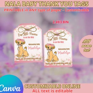 Étiquettes de remerciement pour baby shower ou anniversaire Nala Roi Lion. MODIFIABLE SUR TOILE