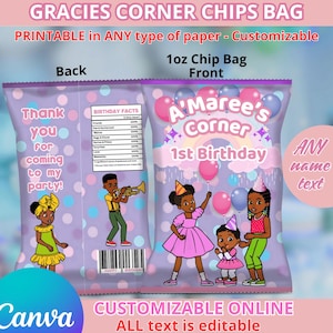 Birthday Gracies Chips bags. Editable in CANVA