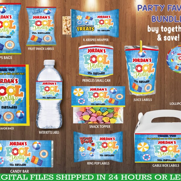 Pool party bundle Favors, water bottle, chip, candy bars, juice labels, bags and more. DIGITAL