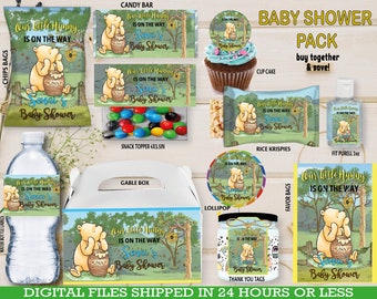 Winnie Pooh Baby Shower or birthday Party Favors, water bottle, chip, candy bars, thank you tags, snack topper and more. DIGITAL