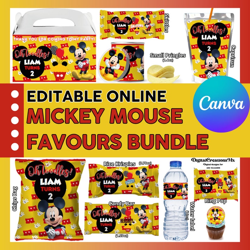 May include: Editable printable Mickey Mouse party favor labels for a 2nd birthday party. The labels feature a red, yellow, and black color scheme with Mickey Mouse and the text "Oh Toodles! Liam Turns 2". The labels are designed for various party favors, including candy bars, chips, rice krispies treats, water bottles, ring pops, and small boxes.
