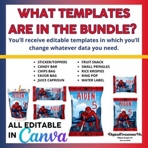 May include: A set of printable party favor bag templates featuring a Spiderman character. The templates are editable in Canva and include designs for candy bars, chips bags, juice boxes, and more. The text "Aiden is turning 5" is included on the templates.