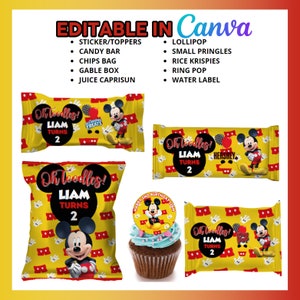 May include: Printable party favor bags featuring Mickey Mouse and the text "Oh Toodles! Liam Turns 2". The bags are yellow with red and black accents. There are also printable cupcake toppers, candy bar wrappers, and other party supplies.