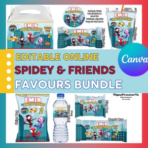 Spidey and His Amazing Friends 8 Party Labels, water bottle, chip, candy bars, juice labels, and more. Editable in CANVA