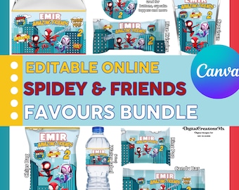 Spidey and His Amazing Friends 8 Party Labels, water bottle, chip, candy bars, juice labels, and more. Editable in CANVA