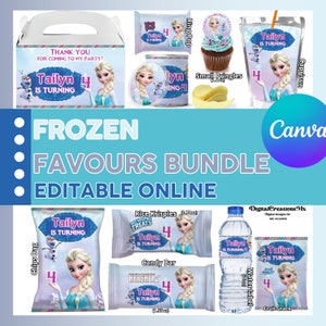 10 lembrancinhas de festa Frozen, garrafa de água, salgadinhos, barras de chocolate, rótulos de suco e muito mais. DIGITAL