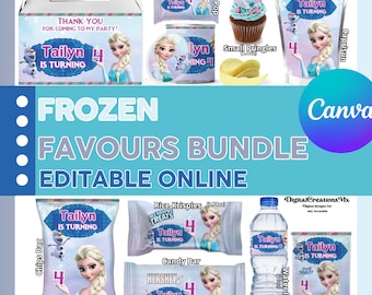 Frozen 10 Party Favors, water bottle, chip, candy bars, juice labels and more. Edit yourself in CANVA.