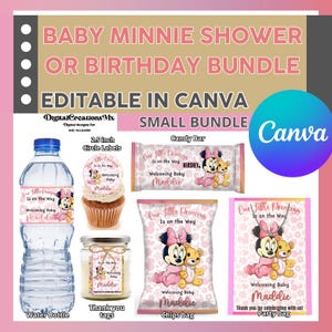 Minnie Mouse-bedankjes voor babyshower of verjaardagsfeestjes, waterfles, chip, candybars, bedankkaartjes en meer. BEWERKBAAR OP CANVA