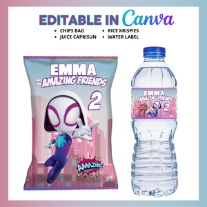 Puede incluir: Una bolsa de patatas fritas rosa y morada con un personaje de dibujos animados de Spider-Gwen y el texto "Emma y sus incre&iacute;bles amigos 2". Una botella de agua transparente con una etiqueta rosa y morada que dice "Emma y sus incre&iacute;bles amigos 2".