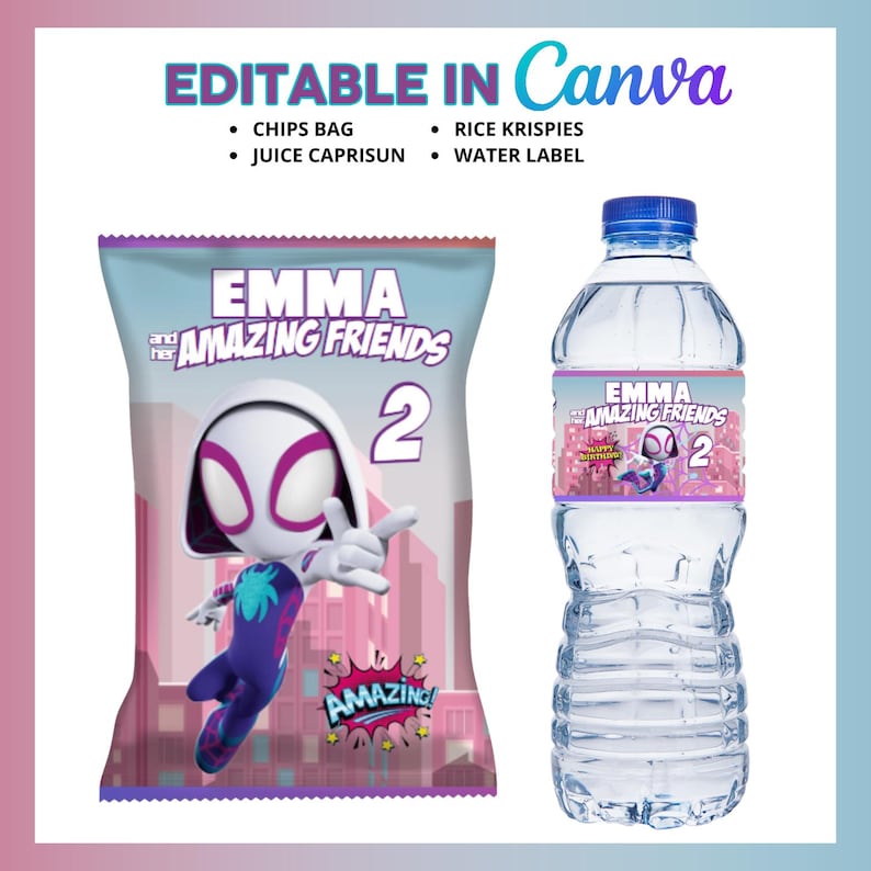 Puede incluir: Una bolsa de patatas fritas rosa y morada con un personaje de dibujos animados de Spider-Gwen y el texto "Emma y sus incre&iacute;bles amigos 2". Una botella de agua transparente con una etiqueta rosa y morada que dice "Emma y sus incre&iacute;bles amigos 2".