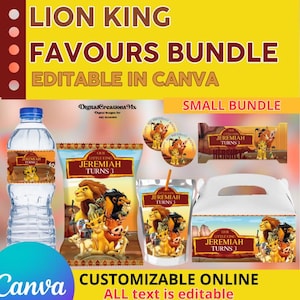 Lion King Birthday 6 Party pack, chips, water, editable favors and more. Edit yourself in CANVA.