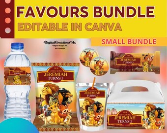 Lion King Birthday 6 Party pack, chips, water, editable favors and more. Edit yourself in CANVA.