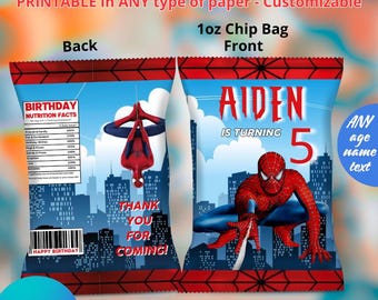Sacolas de Chips do Homem-Aranha. EDITÁVEL EM CANVA