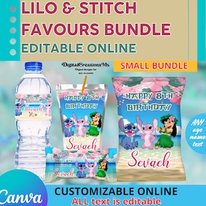 Lilo Angel & Stitch 4 Party Favors, water bottle, chip, rice krispies, juice labels. Edit yourself in CANVA.
