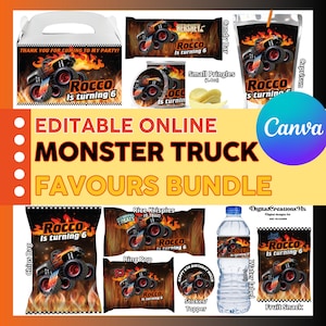 Monster Trucks 10 Labels for Birthday, water bottle, chip, candy bars, juice labels, fruit snack and more. Edit yourself in CANVA.