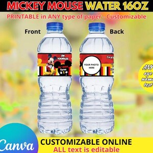 Mickey Mouse Water 16oz label. Editable in CANVA