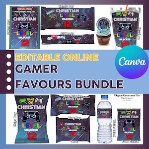 Gamer Birthday 10-partybundel, waterfles, chip, candybars, sap en meer. Bewerkbaar in canvas.