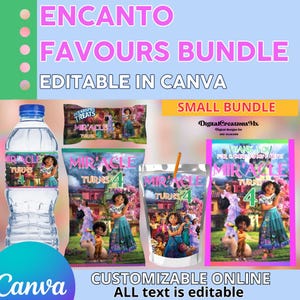 Encanto Birthday 5er Pack. Chips-Tasche, Mitbringsel. Saft, Wasserflasche und Reis zum Ausdrucken. Bearbeite dich selbst in CANVA.