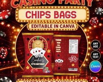 Casino Birthday, Adults Party, 40s, 50s, 60s, 70s, 80s. Chips bags label. Edit yourself in CANVA.