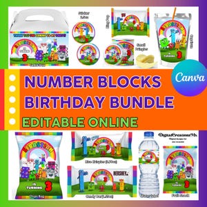 NumberBlocks Party Pack 10 Party Favors, water bottle, chip, candy bars, juice labels, gable box, and more!!. DIGITAL ONLY