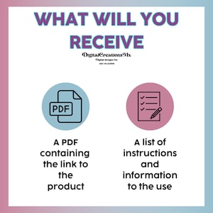 Puede incluir: Un gr&aacute;fico con un c&iacute;rculo azul que contiene un icono PDF blanco y el texto "Un PDF que contiene el enlace al producto". Un c&iacute;rculo rosa contiene un icono de lista de verificaci&oacute;n blanco con un l&aacute;piz y el texto "Una lista de instrucciones e informaci&oacute;n para el uso". El texto "WHAT WILL YOU RECEIVE" est&aacute; en la parte superior del gr&aacute;fico. El texto "Digital Creations Mx" est&aacute; debajo del texto "WHAT WILL YOU RECEIVE". El texto "Digital designs for any occasion" est&aacute; debajo del texto "Digital Creations Mx".