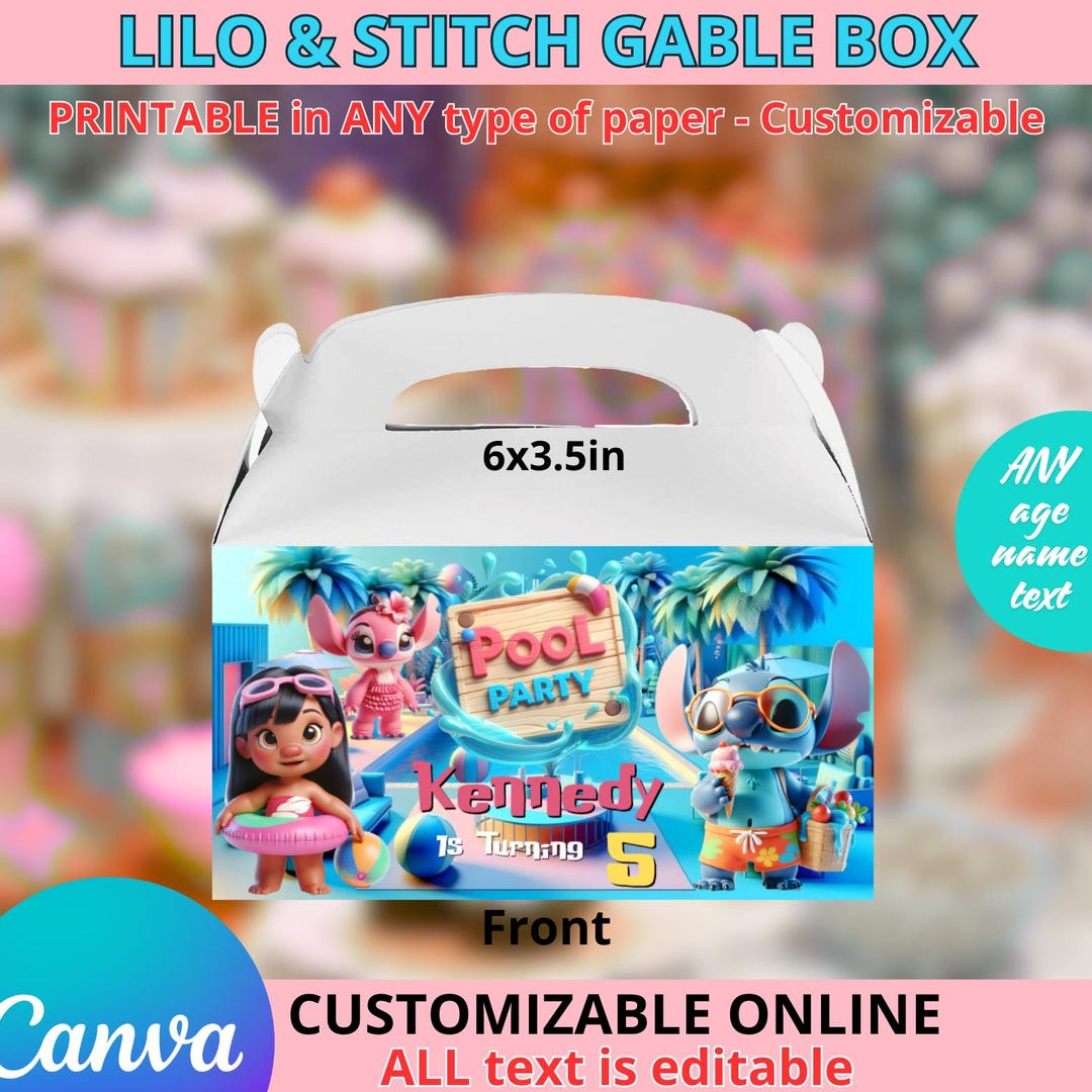 Lilo Box Lilo & Stitch Pool Party - Gable Box Templete. Editable in CANVA - Etsy