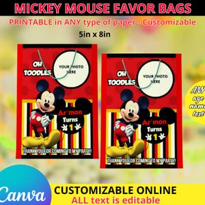 Mickey Mouse Favor bags. Editable in CANVA