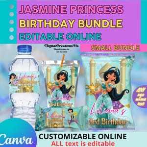 Jasmine Princess 4 Party favors, Jasmine printables, digital files INC. Edit yourself in CANVA.