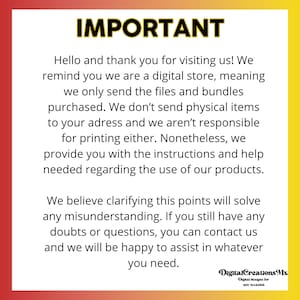 Puede incluir: Un fondo degradado rojo, naranja y amarillo con la palabra "IMPORTANTE" en negrita en negro. El texto debajo explica que esta es una tienda digital y que no se env&iacute;an art&iacute;culos f&iacute;sicos. El texto tambi&eacute;n indica que se proporcionan instrucciones y ayuda para el uso de los productos.