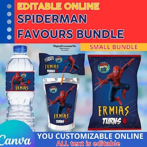 Spiderman 4 Party Labels, water bottle, chip, candy bars, juice labels and more. EDITABLE IN CANVA