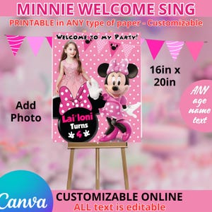 Pink Minnie Mouse Welcome Sign, Pink Minnie Mouse Welcome Board, Pink Minnie Mouse Welcome Banner, DIGITAL ONLY.  Editable in CANVA