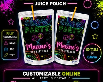 Etykieta na sok urodzinowy Glow Birthday Party Juice caprisun. CYFROWA. Edytuj samodzielnie w CANVA.