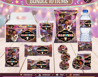 Coco Birthday 10 Party Favors, water bottle, chip, Rice Krispies and  juice labels. Edit yourself in CANVA.