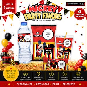 May include: A digital party favor template set featuring Mickey Mouse graphics in red, yellow, and black. Includes labels for water bottles, chip bags, juice pouches, and candy bars with text reading Oh Toodles, Ar'mon Turns 1, and Your Photo Here.