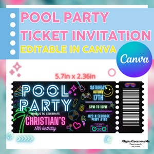 Pool party ticket invitation, Summer pool Party ticket invitation template, Pool Party pass invitation template. Printable and editable