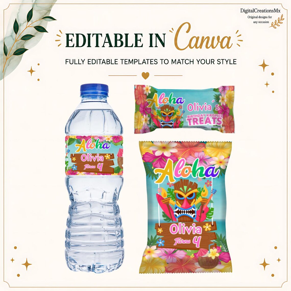 Alloha Label Aloha Birthday 6 Party Favors, Water Bottle, Chip, Rice Krispies, Juice ...