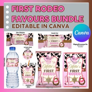 Cowgirl Birthday 7 Party Bundle Kit, Chip Bag Template, Water Bottle, Juice Bag, Chocolate Bar. Edit yourself in CANVA.