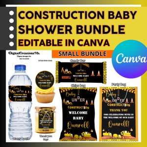 May include: A printable set of construction-themed baby shower party decorations. The set includes a candy bar wrapper, a chips bag, a party bag, a water bottle label, a cupcake wrapper, and thank you tags. The decorations feature a black and yellow color scheme with a construction truck and road signs. The text on the decorations says "Baby Under Construction" and "Welcome Baby Quarell".